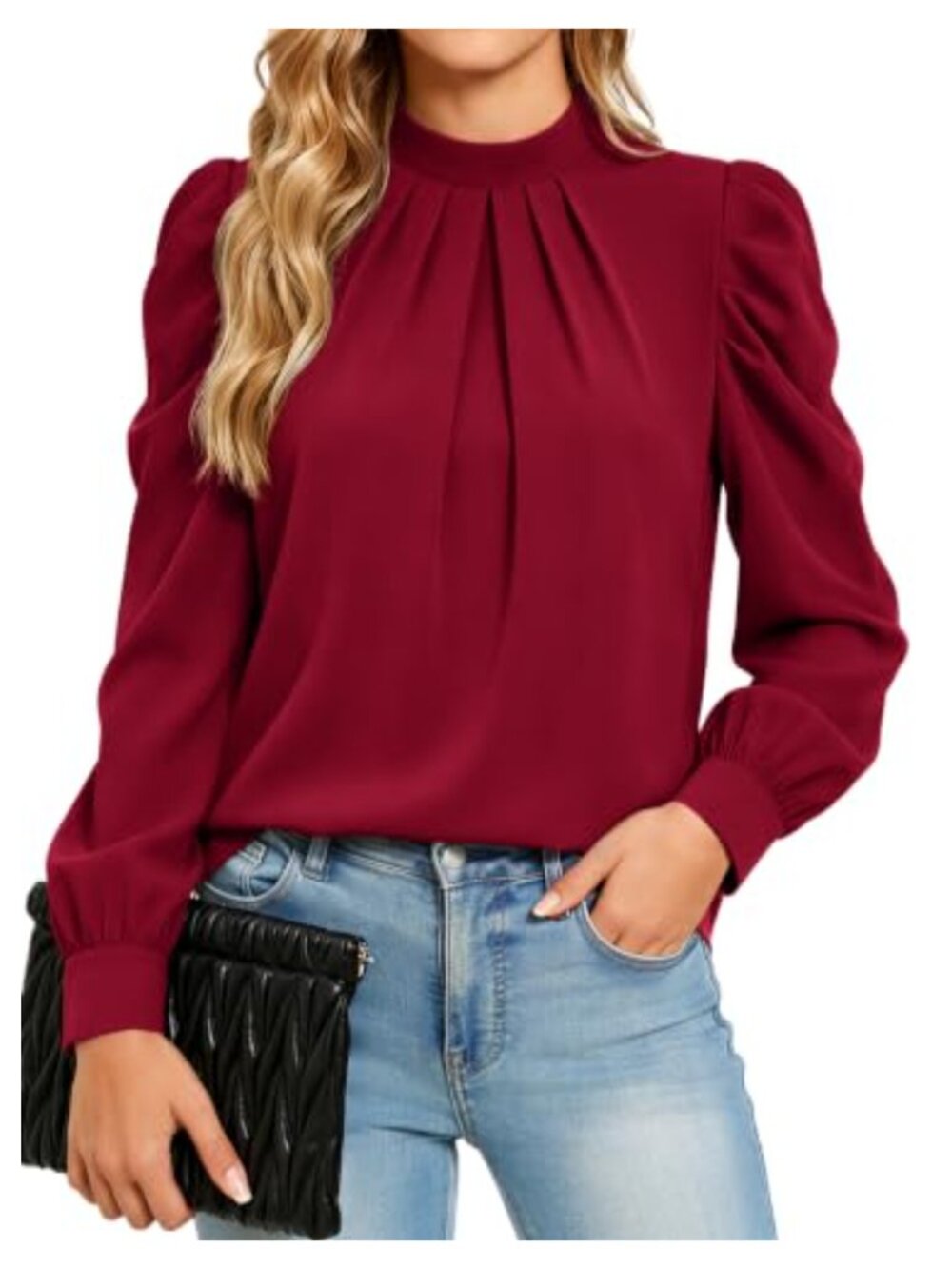 Women's Chiffon Puff Sleeve Mock Neck Blouse Dressy Casual Top